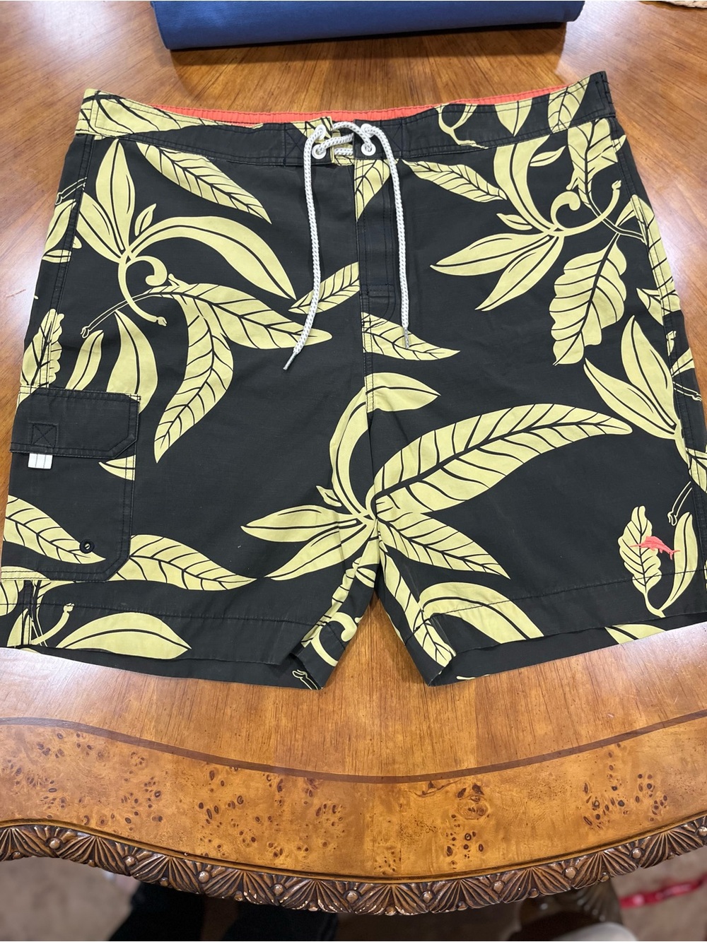 Tommy Bahama Black Swim Board Shorts with Yellow Leaf Print